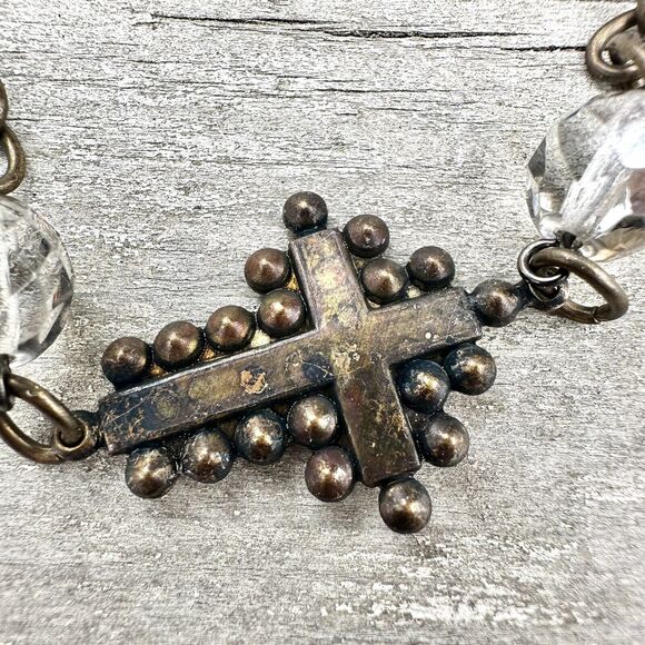 Brass Cross Bracelet Pink Rhinestone Glass Bead Chain Gothic Vintage Style 8” - Picture 5 of 5